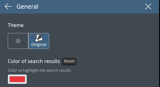 A screenshot of a part of the settings. This part shows the preference for the color to highlight search results. Located at the right of the preference's title a button contains the description 'Reset'.