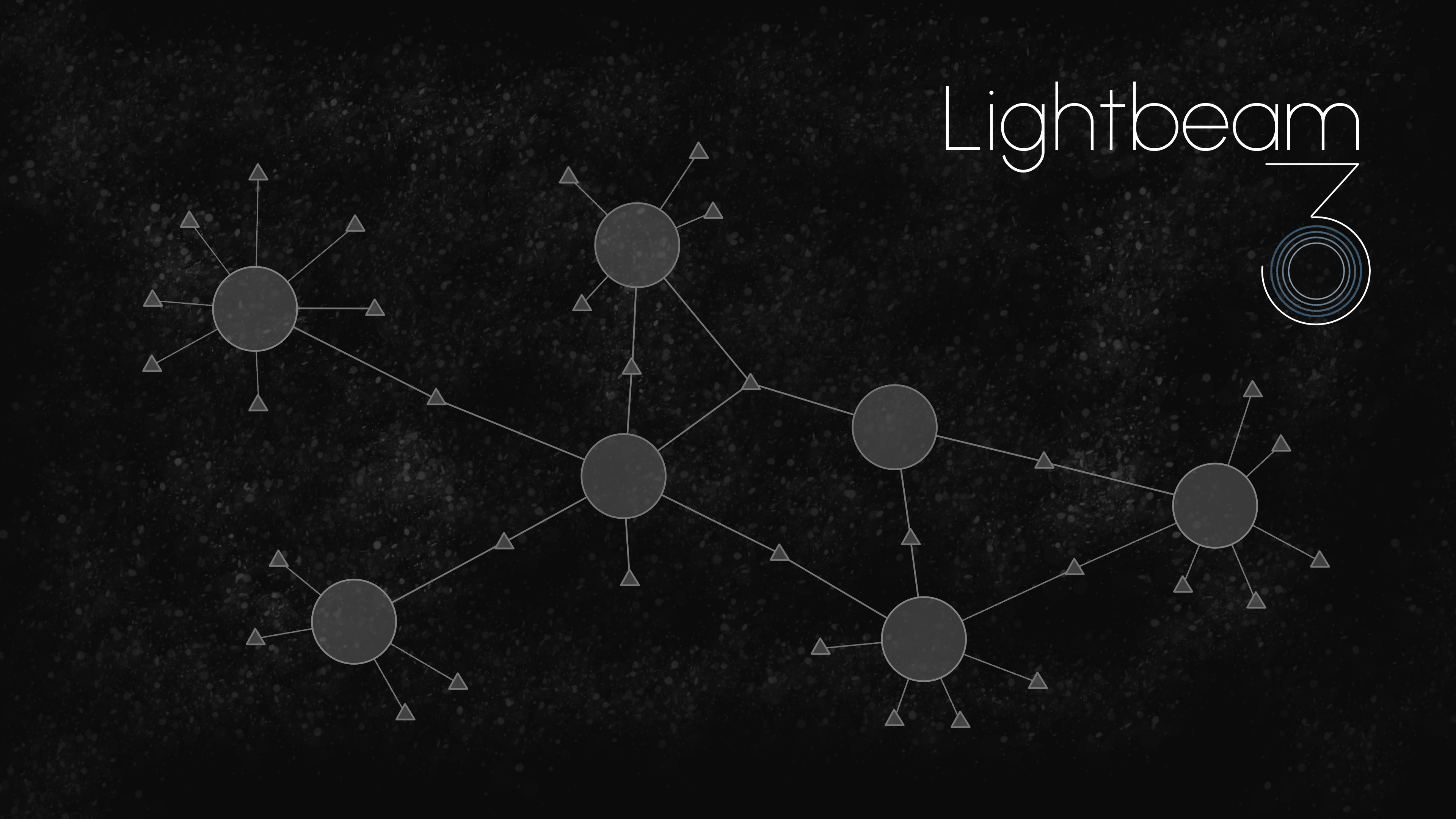 Dark gray background. At the top right is the word 'Lightbeam' und below it the digit '3'. In the main part of the image there are transparent circles and small transparent triangles. The circles are connected with some triangles by thin lines so they are forming a graph.