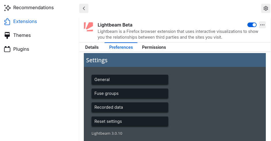 A screenshot of the option page of Lightbeam with the menu that's also used in the addon itself.